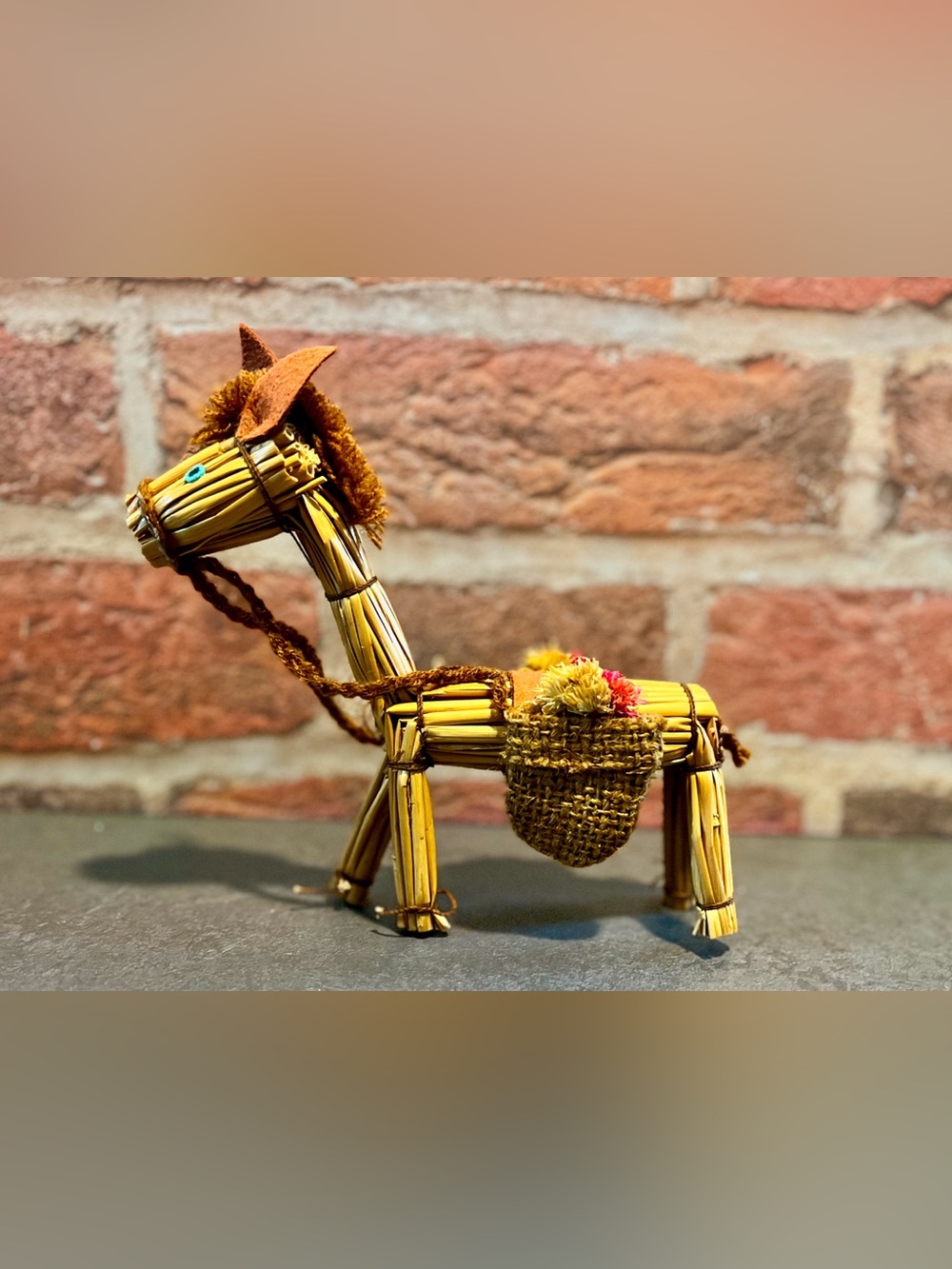 Handmade Straw Donkey Figurine W/ Woven Saddle Bags Tan Brown Natural